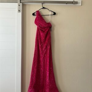 Hot pink prom dress with slit, dangle details, 4 strap back, size 2